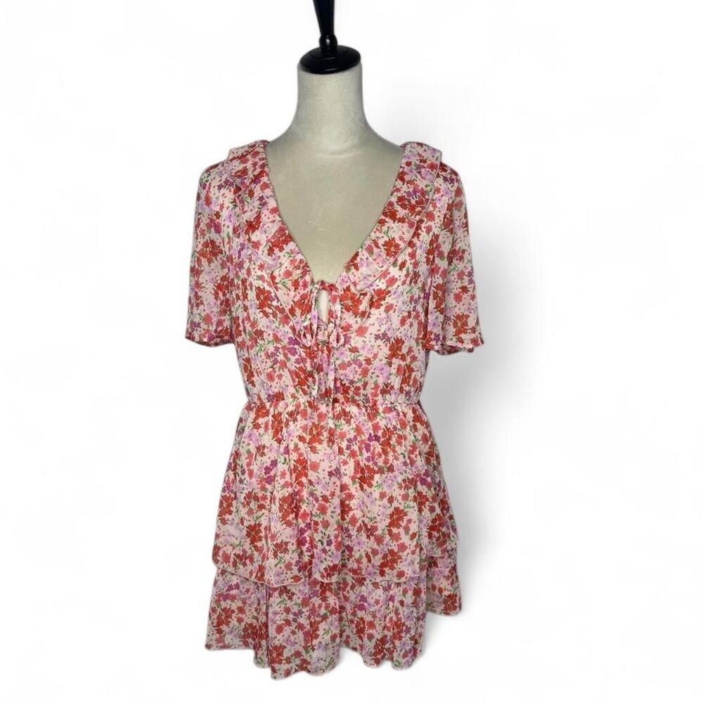Zara Floral Ruffle Tie-Front Romper Mini Dress - Red/Pink - NWOT Size L